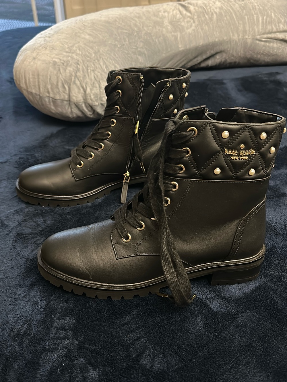 kate spade Quilted Pearl Accent Lace-Up Combat Boots in Black